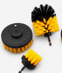 3-piece drill brush set for car detailing with yellow and black bristles